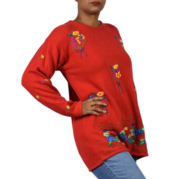 Vintage Birch Bros Eagles Eye Embroidery Sweater Red Floral Bouquet Medium Large - Picture 6 of 14